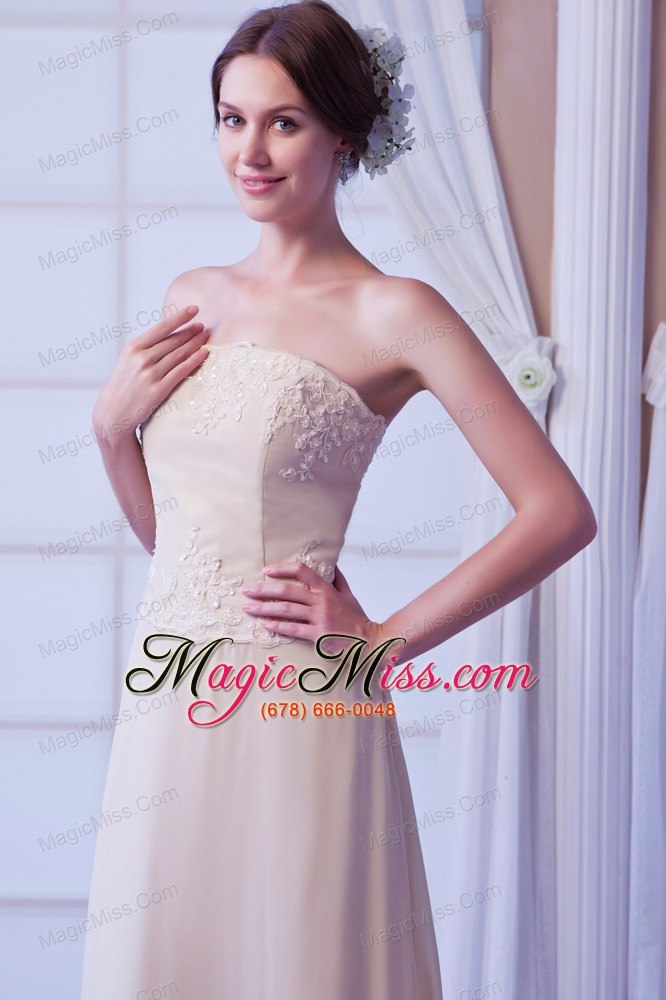 wholesale champagne empire strapless feet-length chiffon appliques with beading prom dress