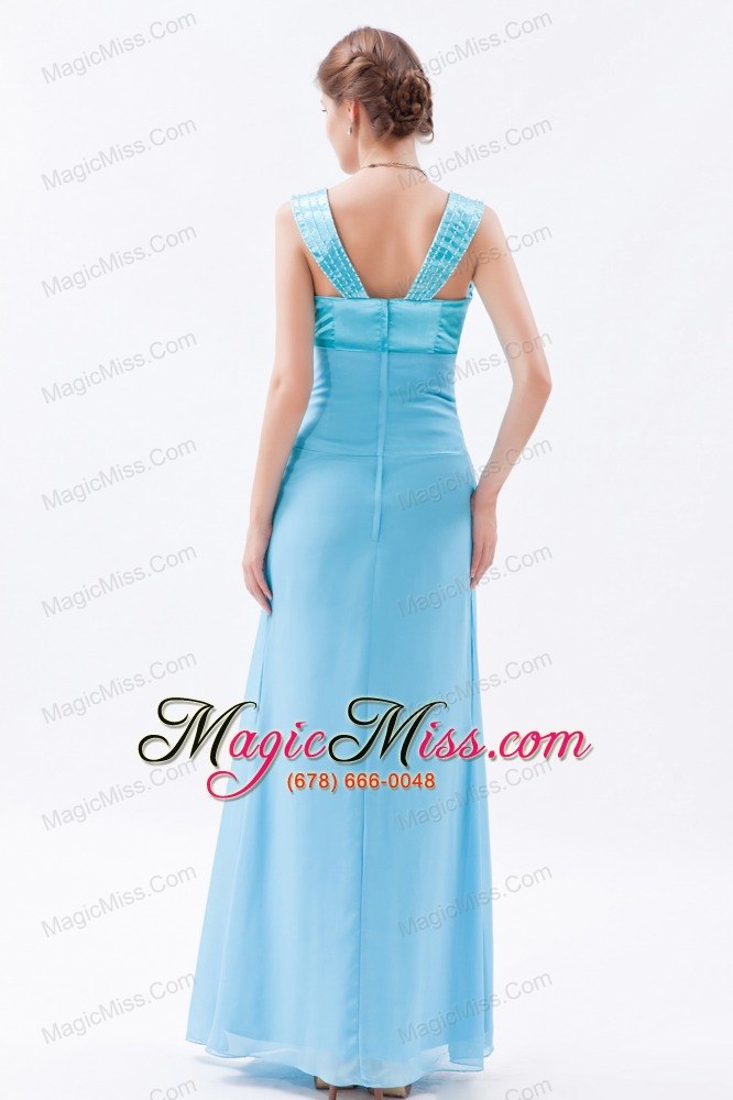 wholesale baby blue column straps floor-length chiffon beading prom dress