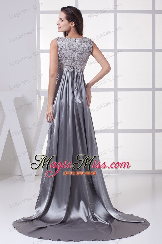 wholesale lace scoop grey column brush train prom dress