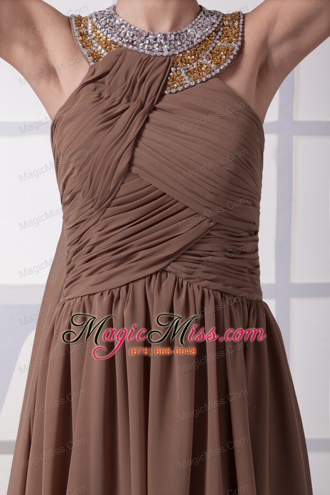 wholesale beading and ruching brown watteau train prom dress