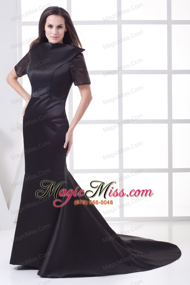 wholesale black high-neck short sleeves mermaid chapel train prom dress