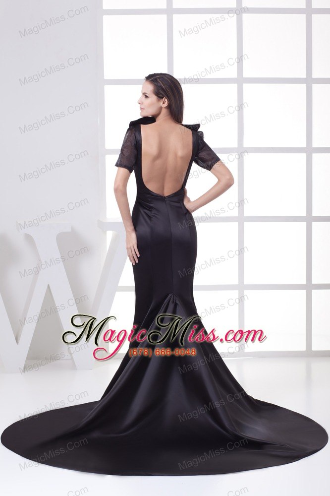 wholesale black high-neck short sleeves mermaid chapel train prom dress