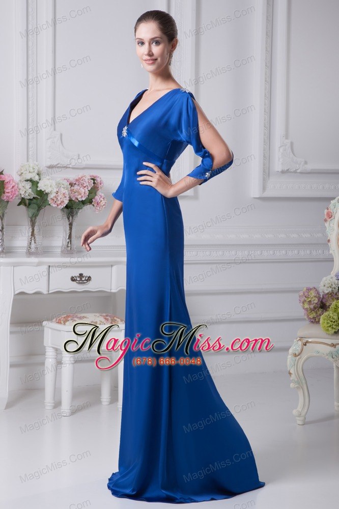 wholesale v-neck 3/4 sleeves blue brush train mother of the bride dress