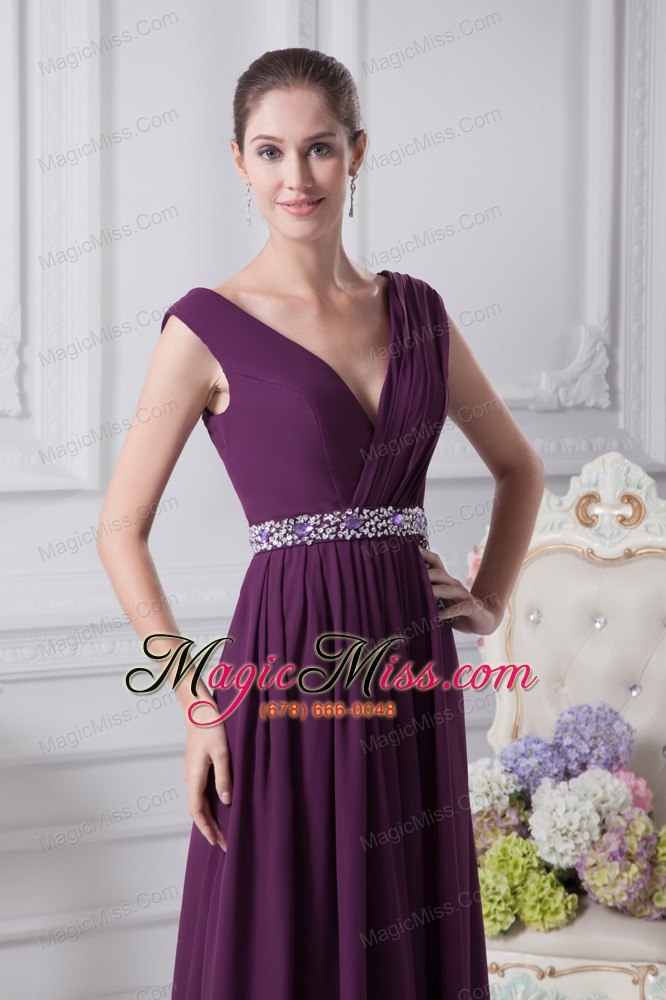 wholesale v-neck watteau train dark purple empire prom dress