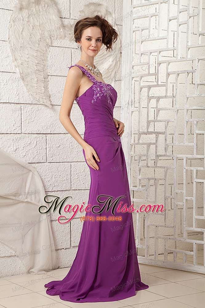wholesale 2013 bright purple mother of the bride dress column one shoulder chiffon appliques brush train