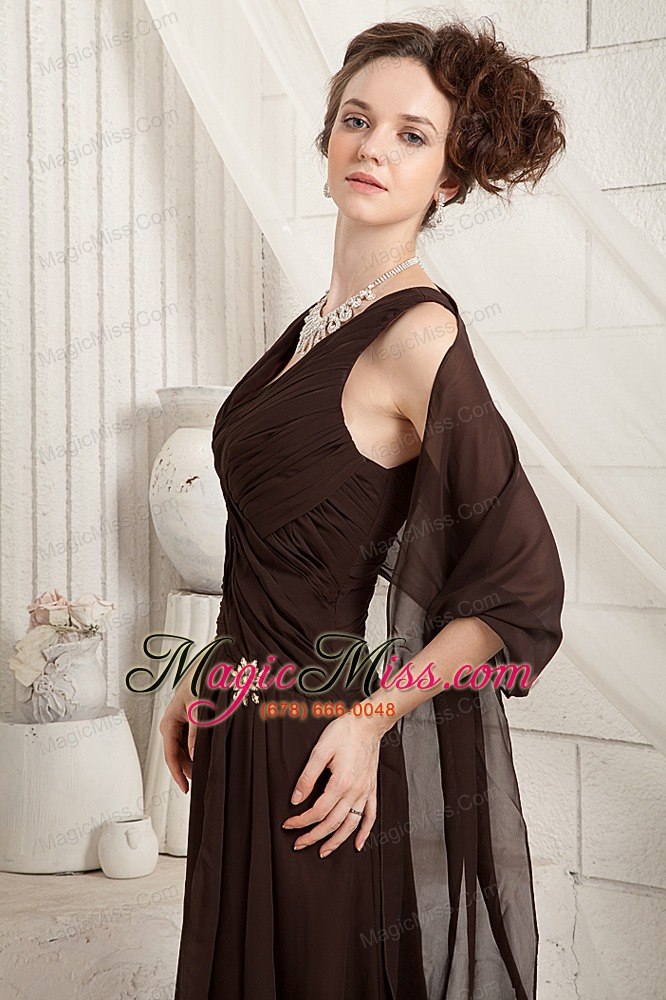 wholesale brown column v-neck floor-length chiffon ruch mother of the bride dress