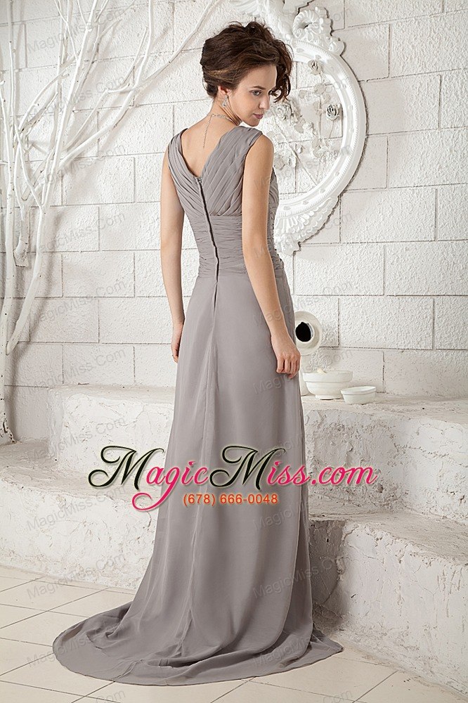 wholesale customize gray empire v-neck prom dress chiffon ruch brush train