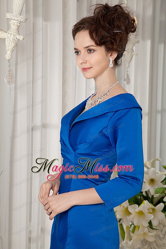wholesale peacock blue column v-neck mini-length taffeta ruch mother of the bride dress