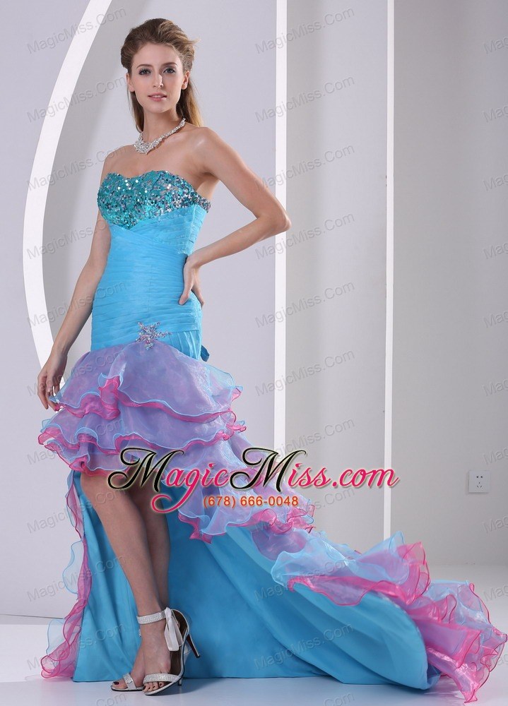 wholesale multi-color high-low prom dress mermaid beading and ruch organza in summer