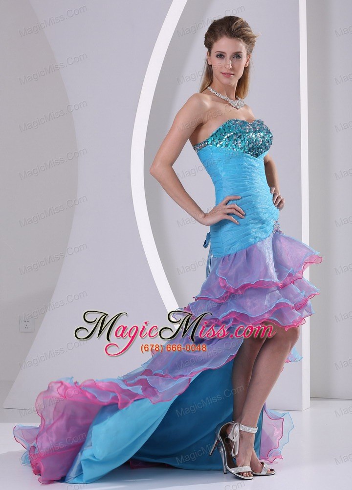 wholesale multi-color high-low prom dress mermaid beading and ruch organza in summer