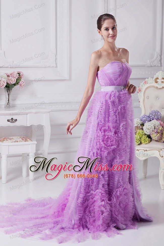 wholesale beading and ruffles decorate bodice lavender prom dress for 2013 brush train organza