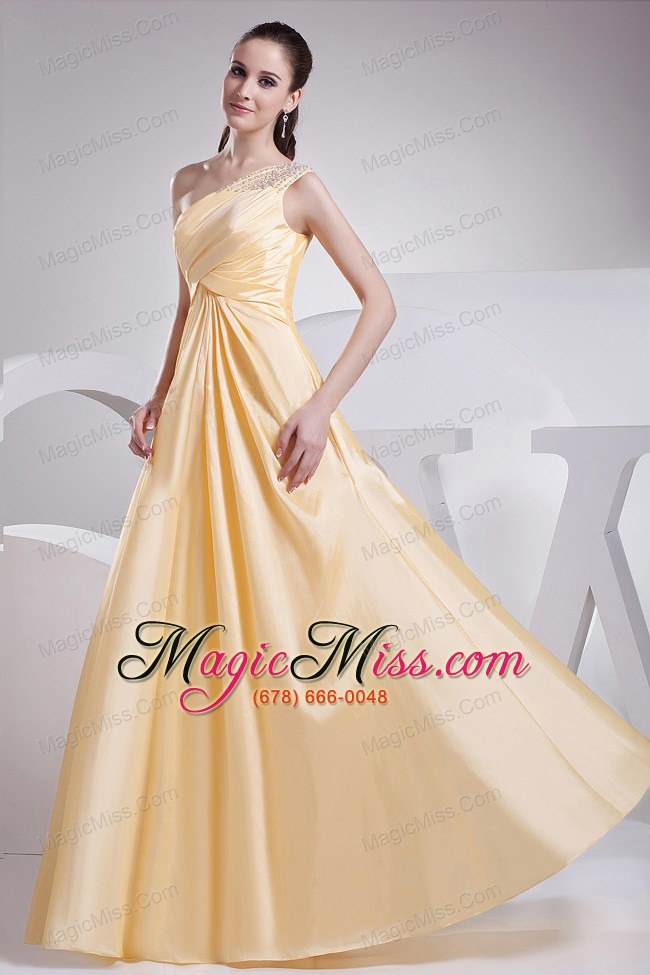 wholesale beading and ruching decorate one shoulder a-line yellow taffeta prom dress for 2013 floor-length
