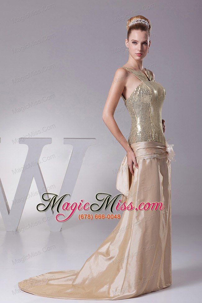 wholesale hand made flower decorate sequin and satin champagne brush train 2013 prom dress