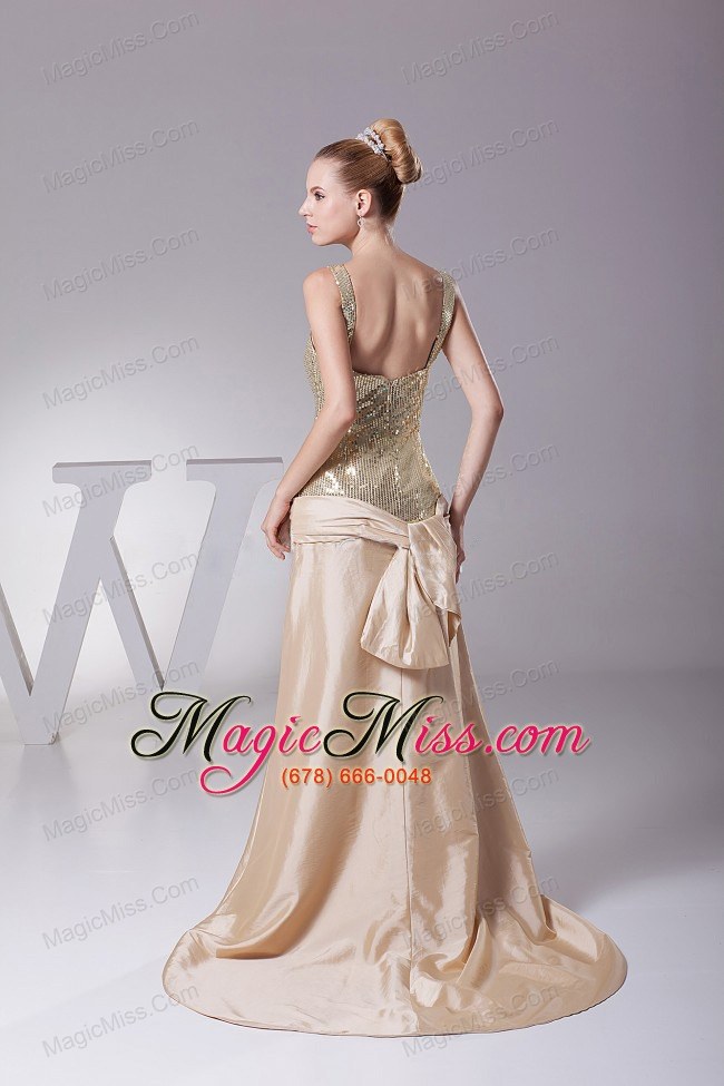 wholesale hand made flower decorate sequin and satin champagne brush train 2013 prom dress