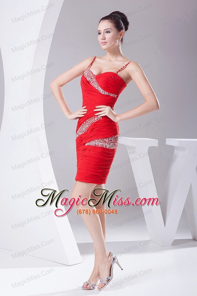 wholesale beading and ruching decorate bodice red chiffon spaghetti straps mini-length 2013 prom dress