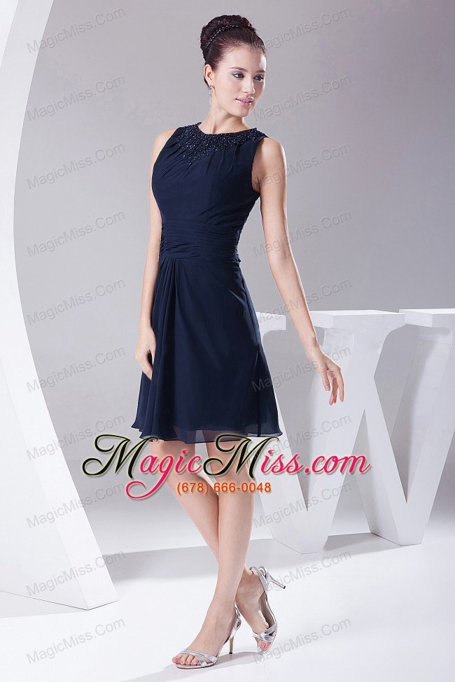 wholesale simple navy blue chiffon knee-length beading decorate scoop 2013 prom dress