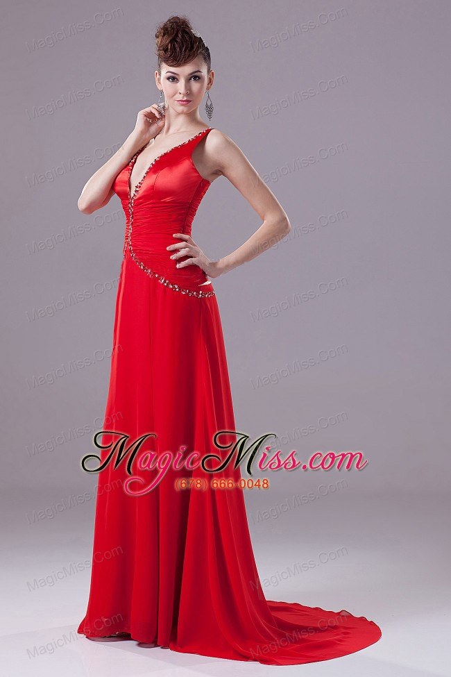 wholesale sexy red prom dress with beading v-neck and brush train