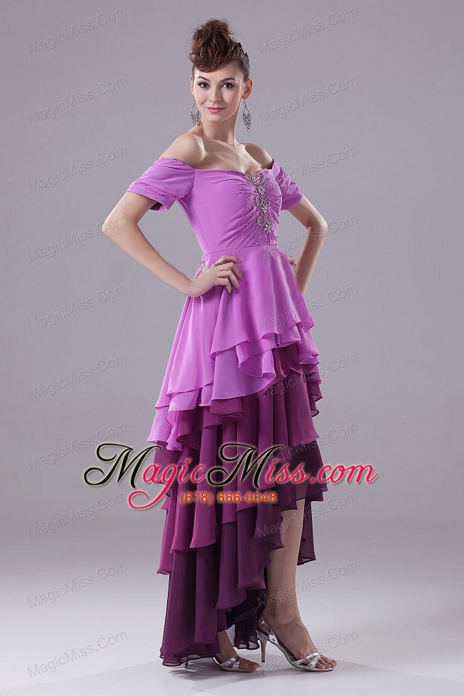 wholesale amazing colorful prom dress with off the sholulder beading ruffled layers and high-low