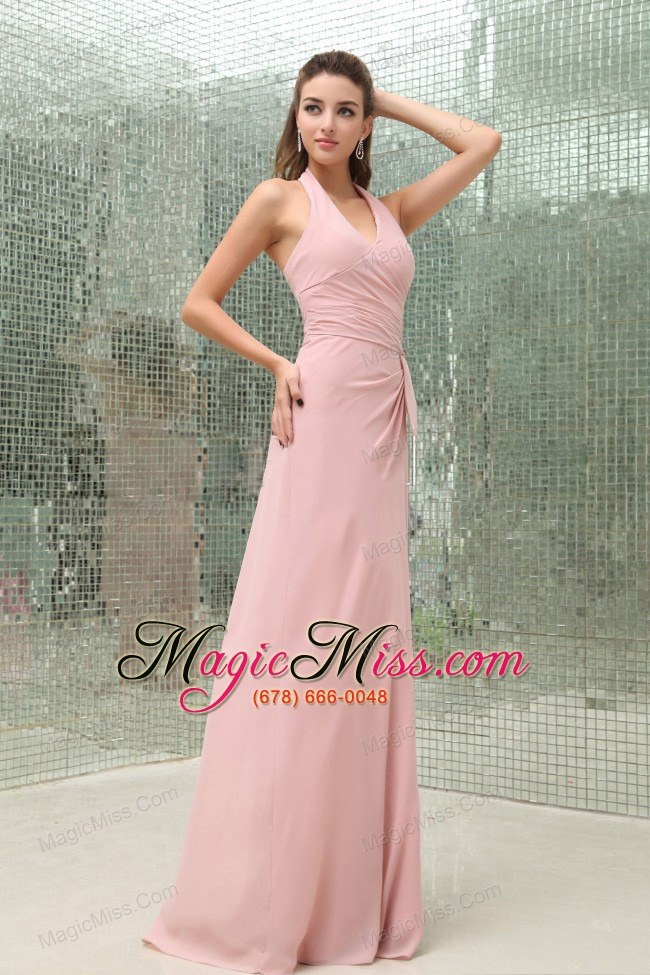 wholesale light pink halter prom dress with brush train chiffon