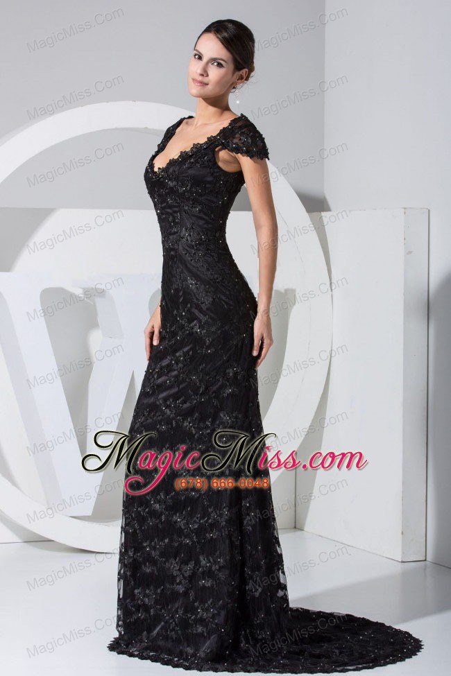wholesale lace with beading scoop brush train cap sleeves column 2013 prom dress for formal evening