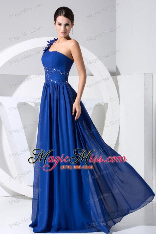 wholesale one shoulder beading and hand made flowers decorate bodice blue chiffon beaituful prom dress for 2013