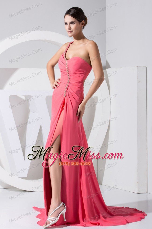wholesale high slit one shoulder beading decorate bodice brush train watermelon red 2013 prom dress