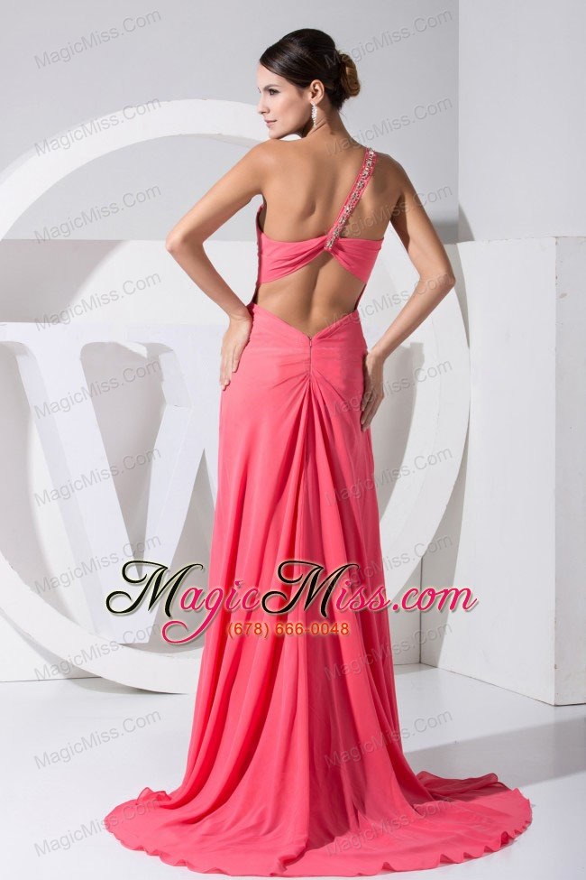 wholesale high slit one shoulder beading decorate bodice brush train watermelon red 2013 prom dress