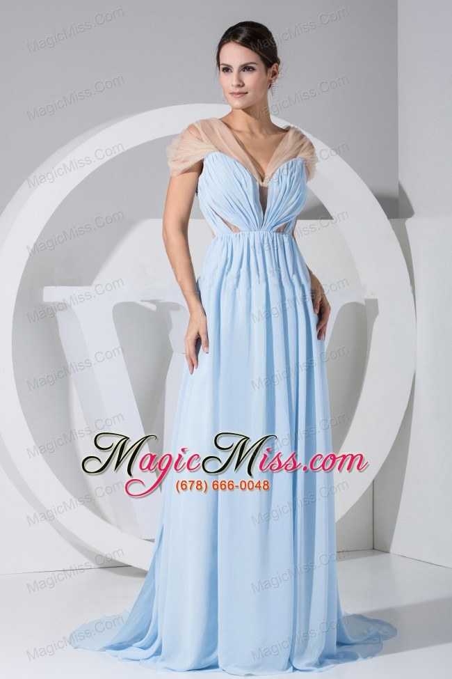 wholesale high slit light blue chiffon brush train prom dress for 2013 ruching v-neck