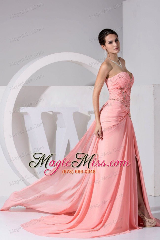 wholesale high slit pink chiffon sweetheart beading and ruch brush train 2013 prom dress