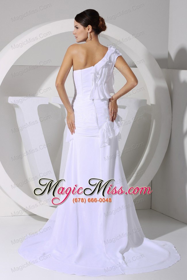 wholesale high-low one shoulder white chiffon brush train 2013 prom dress