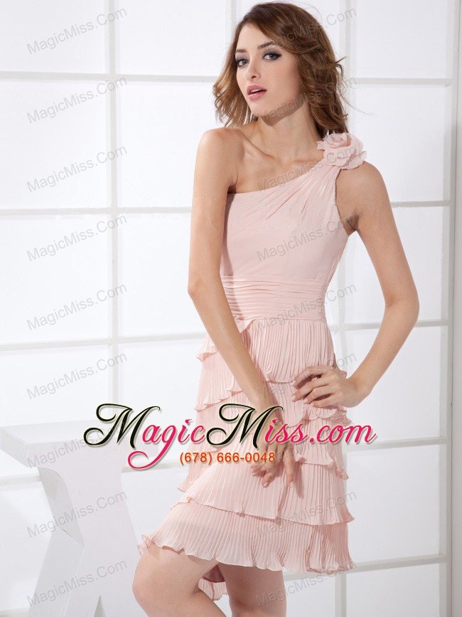 wholesale one shoulder pleat and hand made flower decorate bodice knee-length light pink chiffon 2013 prom dress