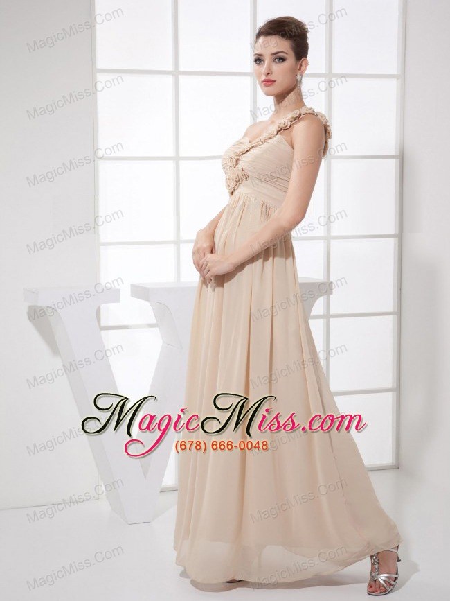 wholesale hand made flowers decorate bodice champagne chiffon one shoulder ankle-length 2013 prom dress