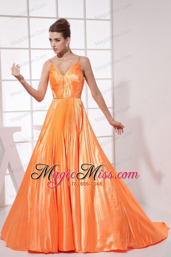 wholesale orange red beading pleat elastic woven satin brush train 2013 prom dress