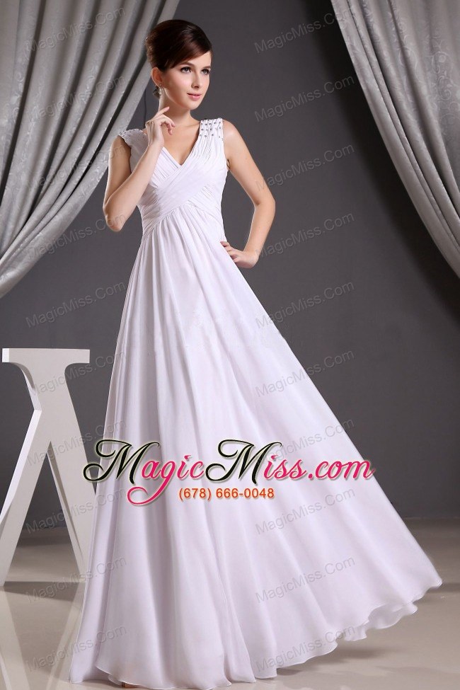 wholesale white v-neck beading and ruch for prom dress