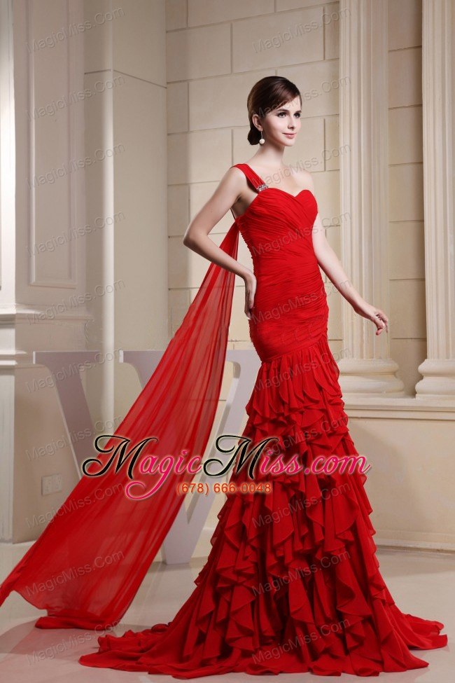 wholesale red prom dress with ruch decorate bodice and ruffles