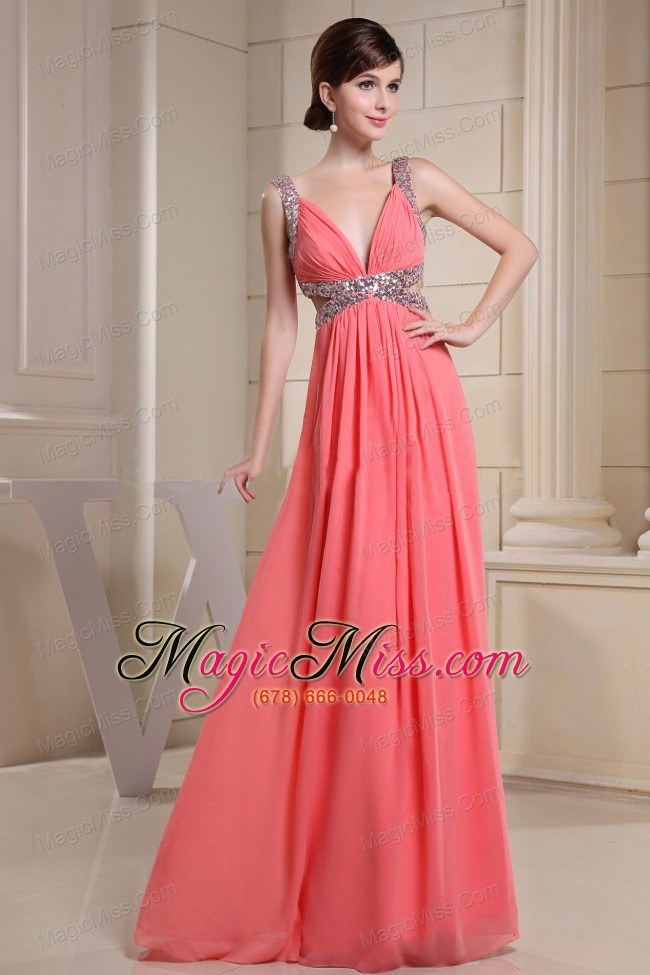 wholesale v-neck beading for watermelon prom dress with floor-length