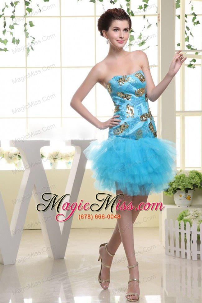 wholesale baby blue appliques and ruffles for prom dress with mini-legth