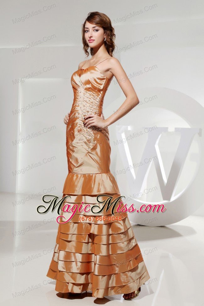 wholesale mermaid beading taffeta floor-length spaghetti straps brown prom dress