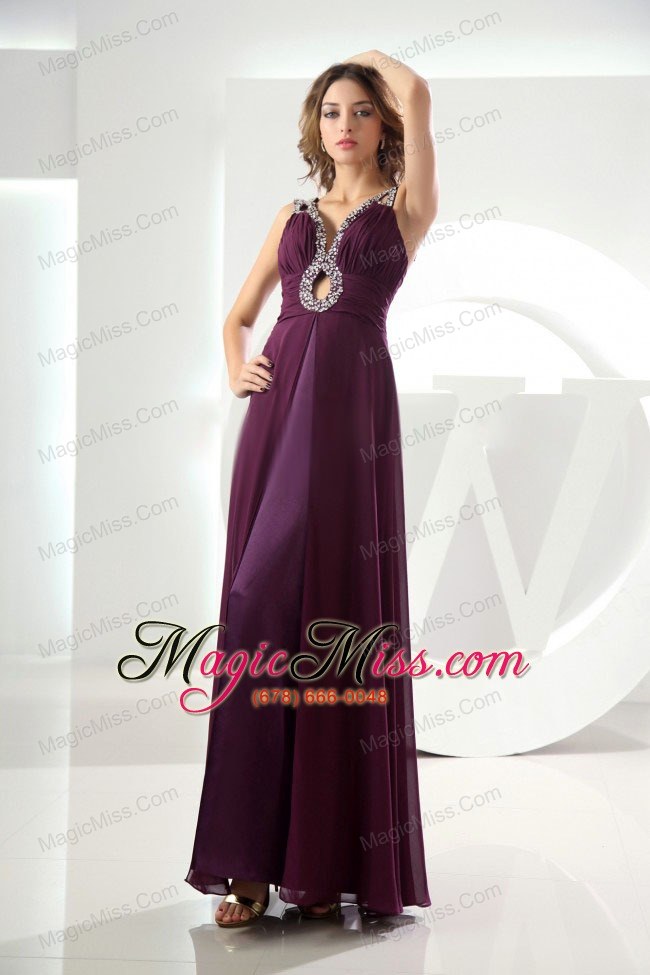 wholesale beading empire chiffon prom dress v-neck ankle-length purple