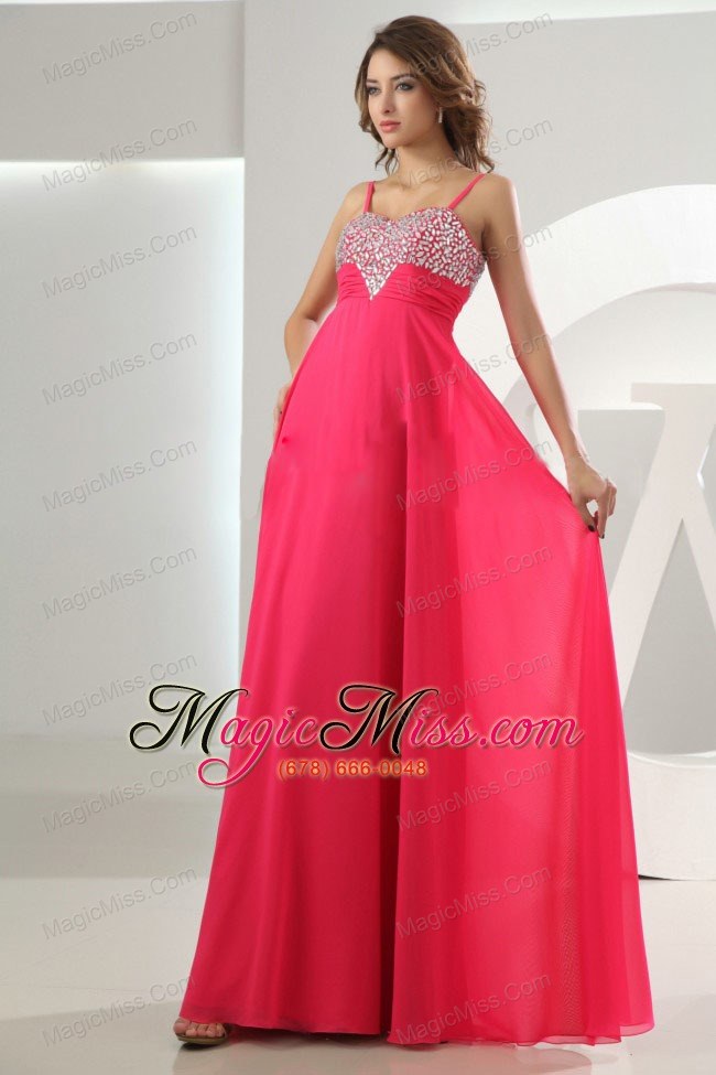 wholesale beading empire chiffon straps floor-length prom dress hot pink