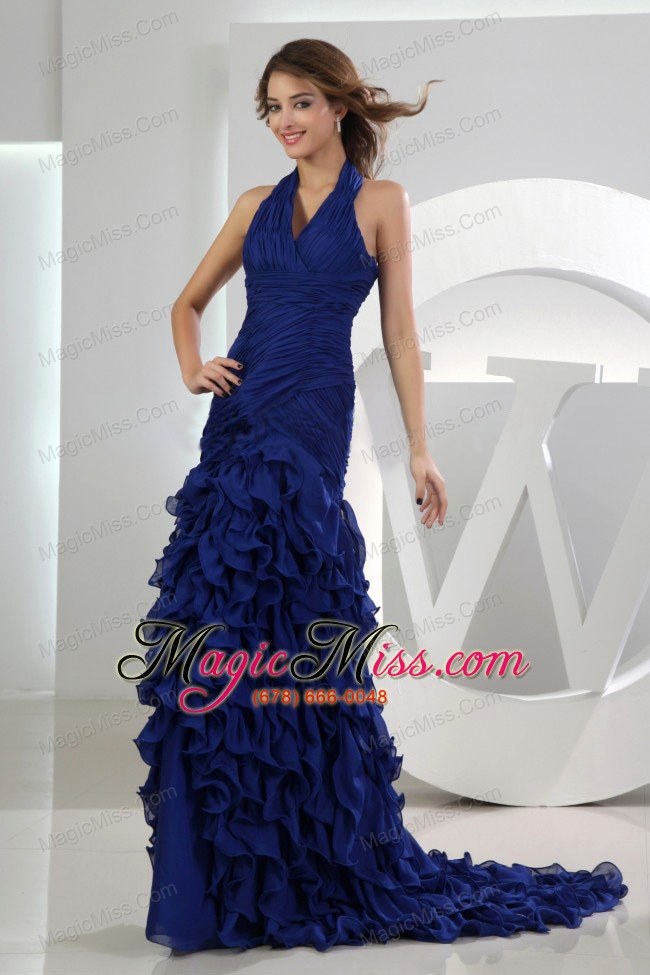 wholesale mermaid halter brush/sweep royal blue ruffles organza prom dress