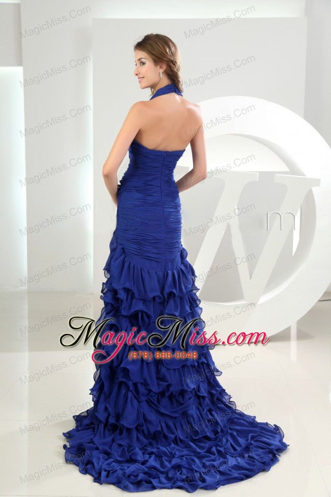 wholesale mermaid halter brush/sweep royal blue ruffles organza prom dress