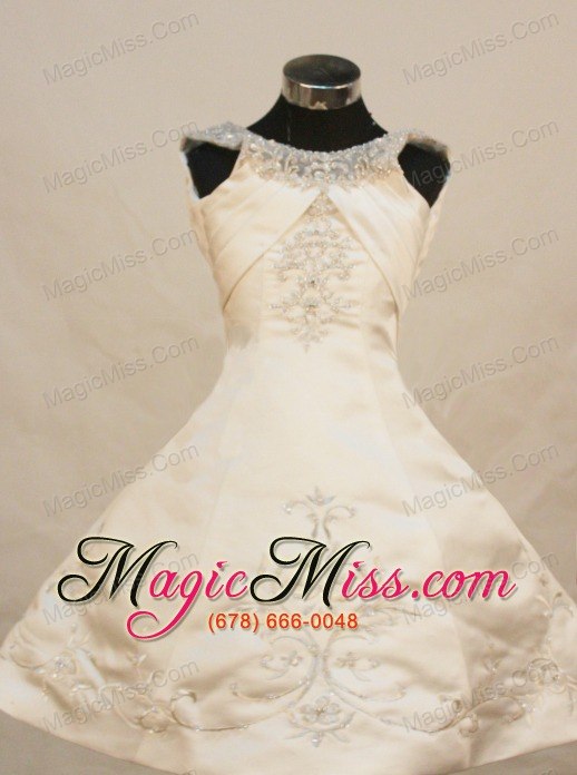 wholesale pretty princess scoop neckline with ivory embroidery decorate on satin flower girl pageant dress