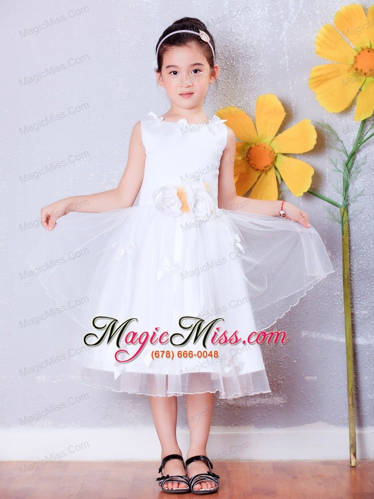 wholesale white a-line scoop tea-length organza hand made flowers flower girl dress