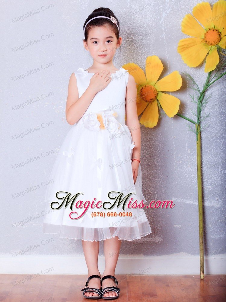 wholesale white a-line scoop tea-length organza hand made flowers flower girl dress