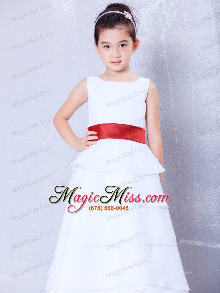 wholesale white and red a-line scoop ankle-length chiffon sash flower girl dress