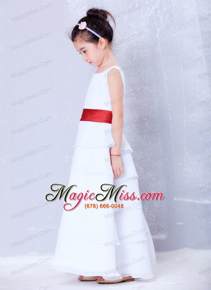 wholesale white and red a-line scoop ankle-length chiffon sash flower girl dress