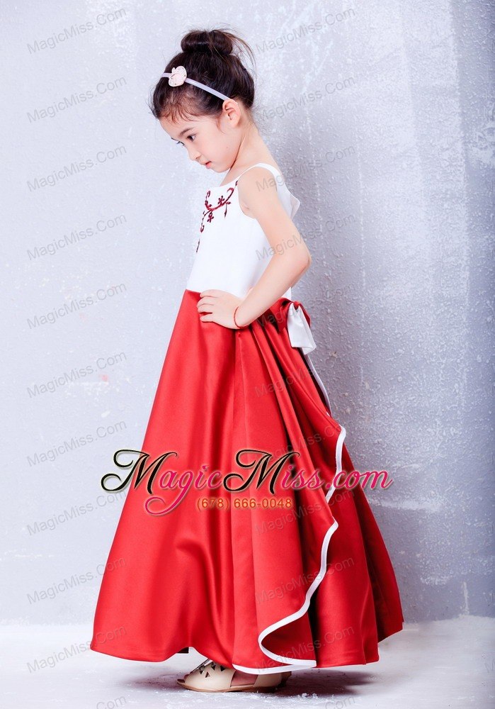 wholesale white and red a-line scoop ankle-length taffeta embroidery flower girl dress