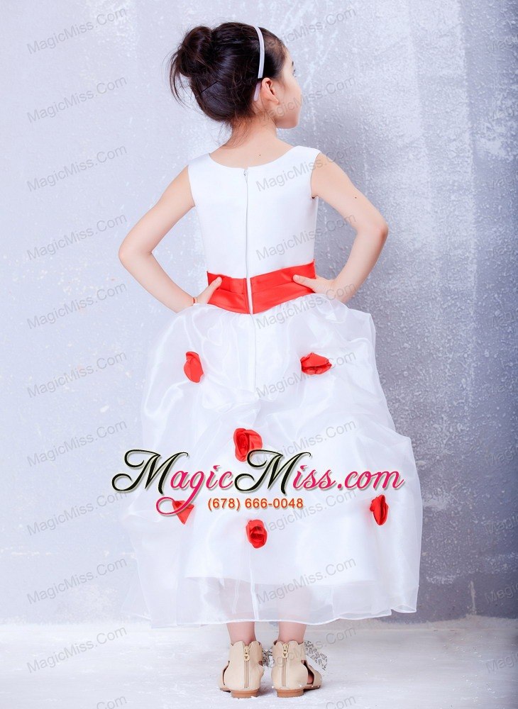 wholesale white and red a-line scoop ankle-length organza and taffeta hand made flowers flower girl dress