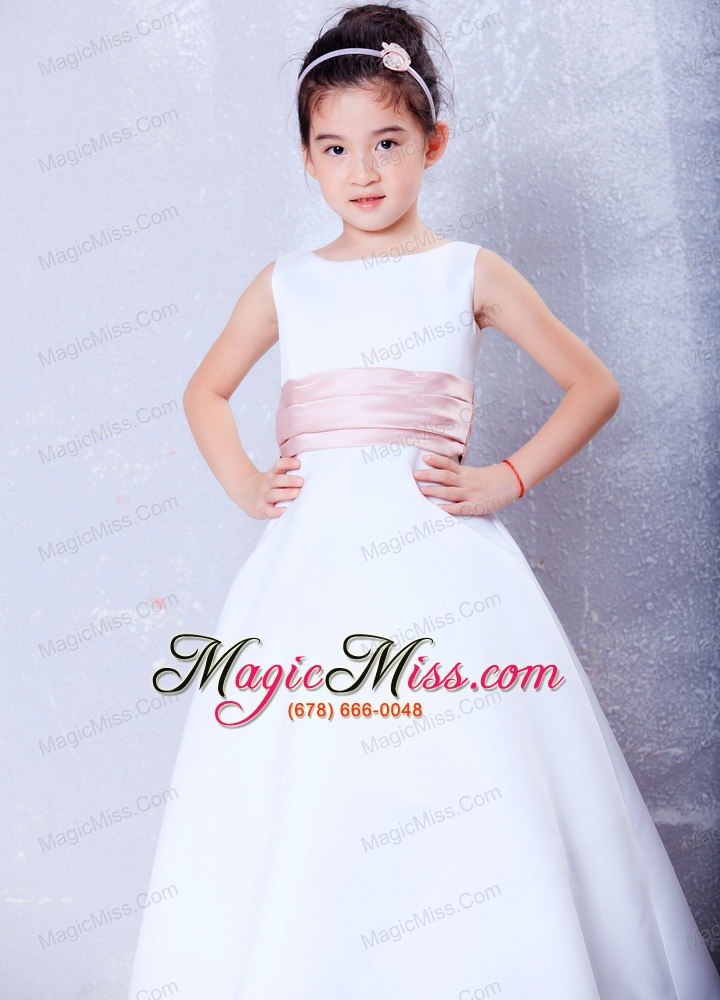 wholesale white and pink a-line scoop ankle-length taffeta sash flower girl dress